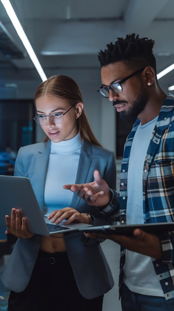 portrait-two-creative-young-female-male-engineers-using-laptop-computer-analyze-discu